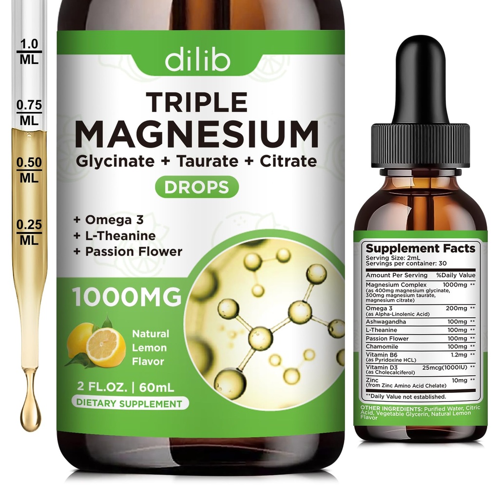 Liquid Magnesio Glycinate Supplemento 1000mg, Citrato di Magnesio Calma, Gocce di Taurate con Omega 3, Zinco, Ashwagandha, L-teanina, Camomilla per il sonno, Mood, Rilievo di Stress, Bone, Muscolo, Aroma di limone