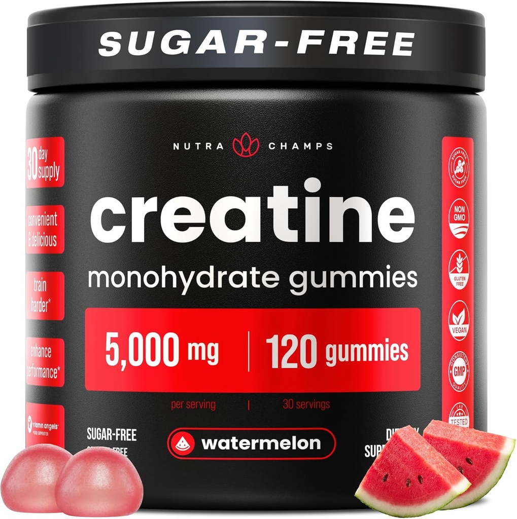NutraChamps 120 Creatine Gummies per uomini e donne - 5g Sugar Free Chewable Creatine Monohydrate Gummies - Supporta la sintesi proteica, recupero muscolare e prestazioni di allenamento
