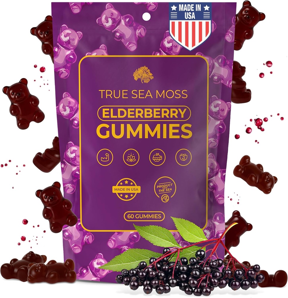 TrueSeaMoss Sea Moss Elderberry Gummies for Adults & Kids – con Burdock Root, Bladderwrack & Magnesium – Vegan, Non OGM Formula – Made in USA – 60 Gummies