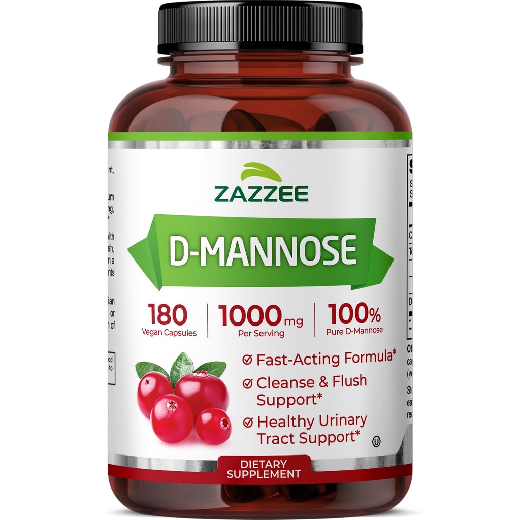 Zazzee D-Mannose, 1000 mg per porzione, 180 capsule vegane, 3 mesi di fornitura, Potent & Fast-Acting, Kosher certificato, 100% puro, All-Natural Urinary Tract Health Support, 100% Vegetariano, Non OGM