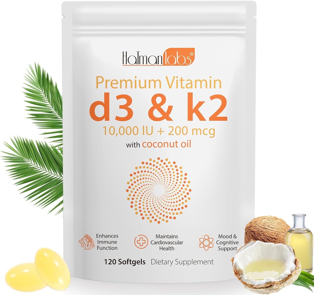 Vitamina D3 K2 Supplemento Softgel, Vitamina D3 K2 Softgel con 10000 IU Supporta Immune, Cuore, Denti & Bone Salute, Libero di OGM, Gluten, Soia