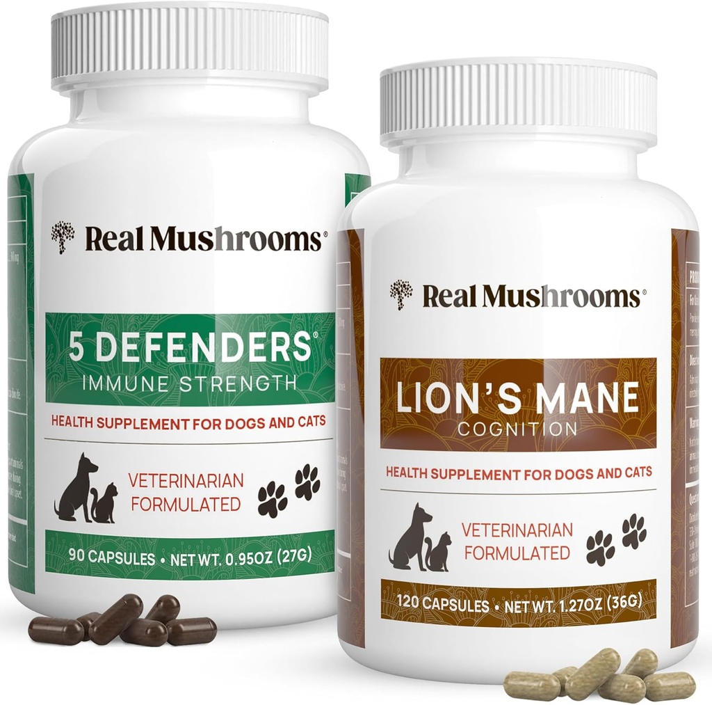 Real Mushrooms 5 Difensori per gli animali (90ct) e Lions Mane per gli animali (120ct) - Bundle per la forza immunitaria & Cognizione - Vegan, Non OGM, Gluten-Free, Grain-Free Mushroom Pet Supplements