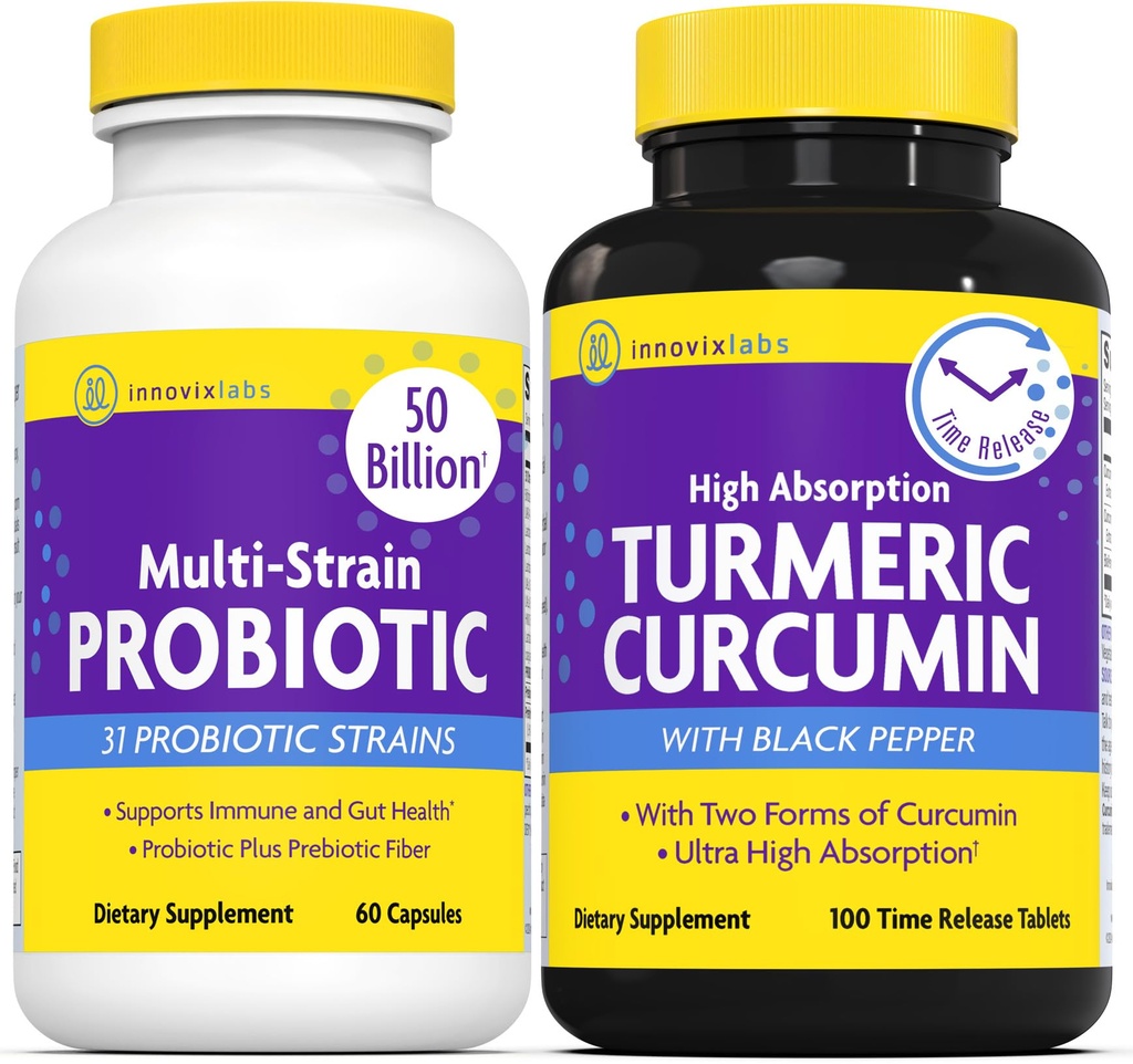 InnovixLabs Multi Probiotic & Curcumin Bundle Multi-Strain Probiotic (60 Time-Release Capsules) Curcumina (100 compresse Time-Release). Supporta Gut e Immune Health. *