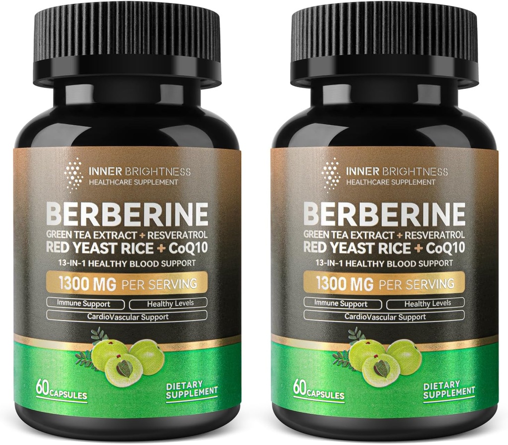 Berberina 1300mg con Estratto di tè verde, Resveratrolo, Riso di lievito rosso & CoQ10 – 13-in-1 Salute immunitaria, Supporto metabolico naturale – 60 capsule – Non OGM, Lab Tested - 2 Pack