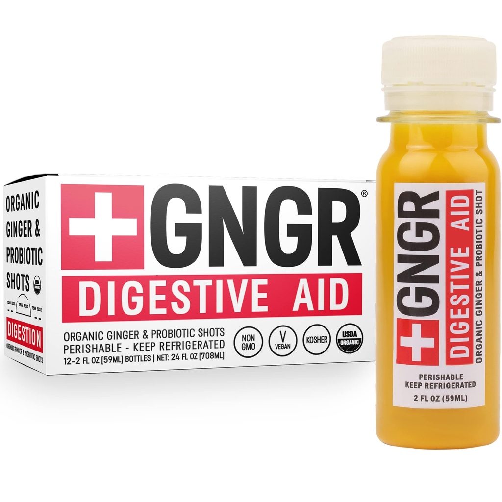 +GNGR Digestive Aid Organic Ginger Shots with Probiotics, Gut Health, Colon Cleanse, Bloating Relief, Gut Detox, Immunity Shots with Ginger Juice, Turmeric, Black Pepper.