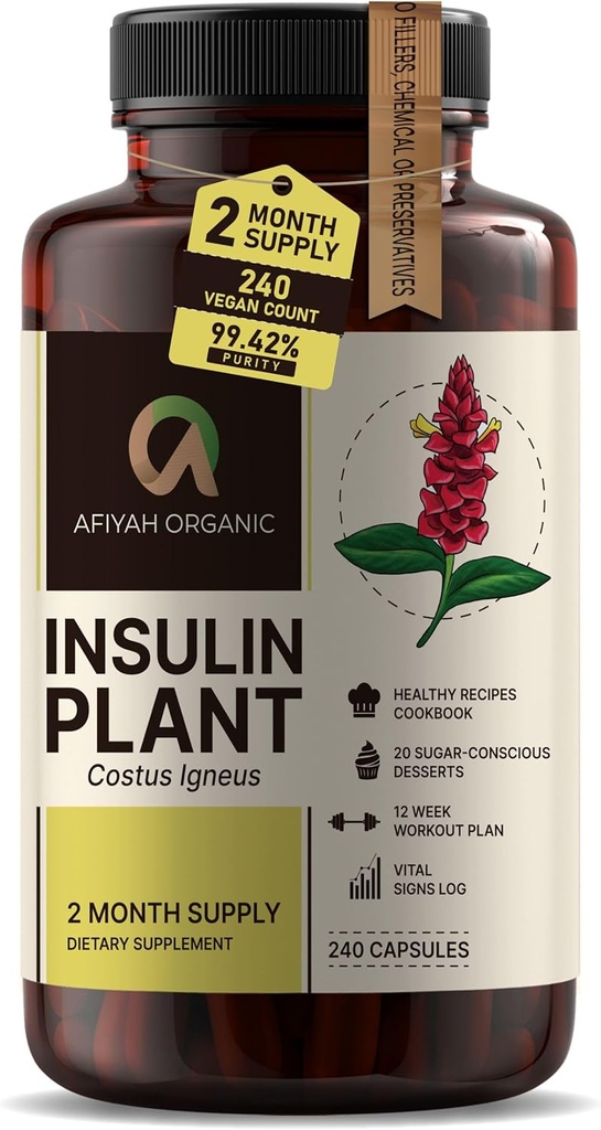 Premium Quality Costus Igneus (impianto di insulina) Capsule - Facile da ingoiare 240 capsule di verdure (2 mesi di fornitura) - Made in the USA - Compreso il programma di assistenza sanitaria completa
