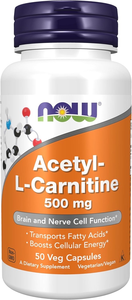 NOW Integratori alimentari, Acetil-L Carnitina 500 mg, Aminoacido, Cervello e Nerve Funzione cellulare*, 50 capsule di Veg