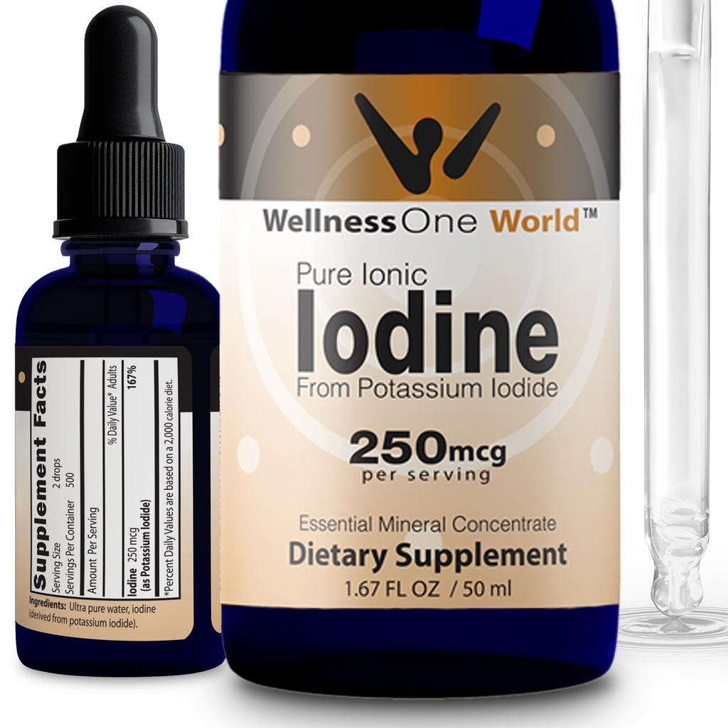 WellnessOne Gocce di iodio per il supporto tiroideo - Integratore di iodio liquido ad azione rapida da Iodido di potassio - Grande per l'immunità e la cognizione & massimizza l'assorbimento di ferro - 1.67 fl oz