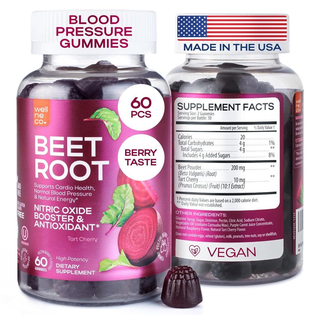 Cuciture della barbabietola per alta pressione sanguigna - Gummie della radice della barbabietola Made in USA con Ciliegia del Tart - Integratori di ossigeno nitrico per l'energia e la salute del cardio - Vegan, No OGM, Pectin Based - per le donne e gli uomini, 60 Pcs