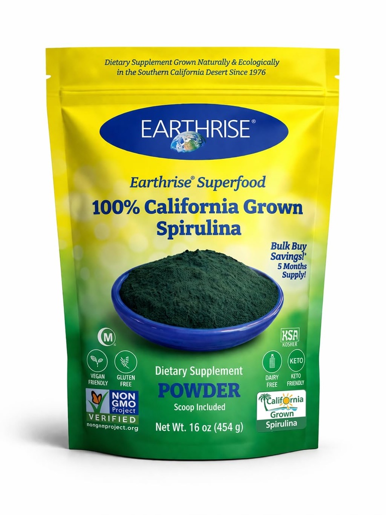 Polvere naturale di Spirulina di terra 16oz, Spirulina Premium naturale dalla California- Vegan, senza glutine, Keto Friendly, Non -GMO Super Food alta in vitamine e minerali. (1 LB)
