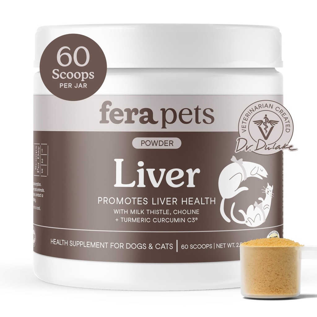 Integratore di fegato di Fera per cani e gatti con cardo del latte, colina e curcuma - Botanici organici - Migliora la funzione del fegato, l'immunità, la disintossicazione, & Funzione metabolica - Polvere - 60 Scoops