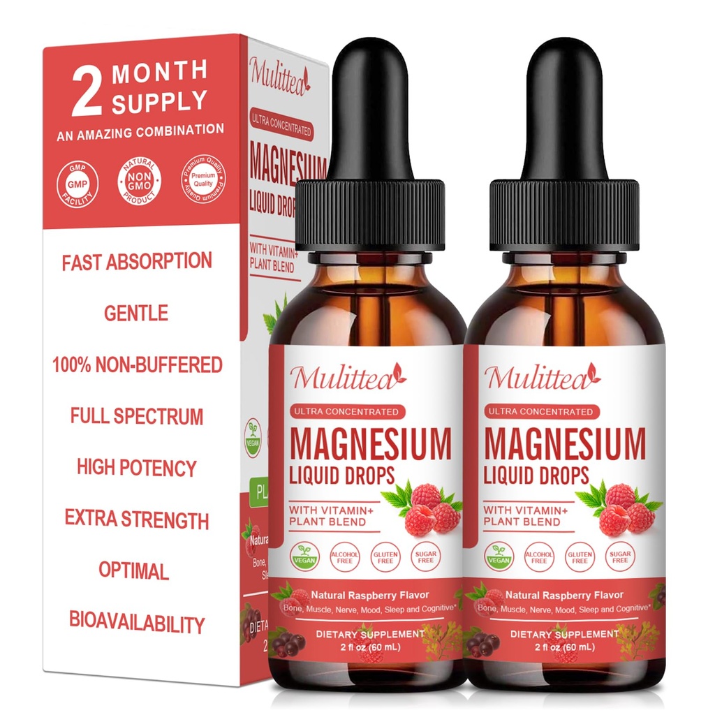 Goccia liquida di glicinato di magnesio - Supplemento di assorbimento triplo per sostenere le nervature, sonno, calma, cuore, muscoli * -Sgar-Free con potassio, L-teanina, muschio marino, vitamina B, C, D3, K2-2Pack