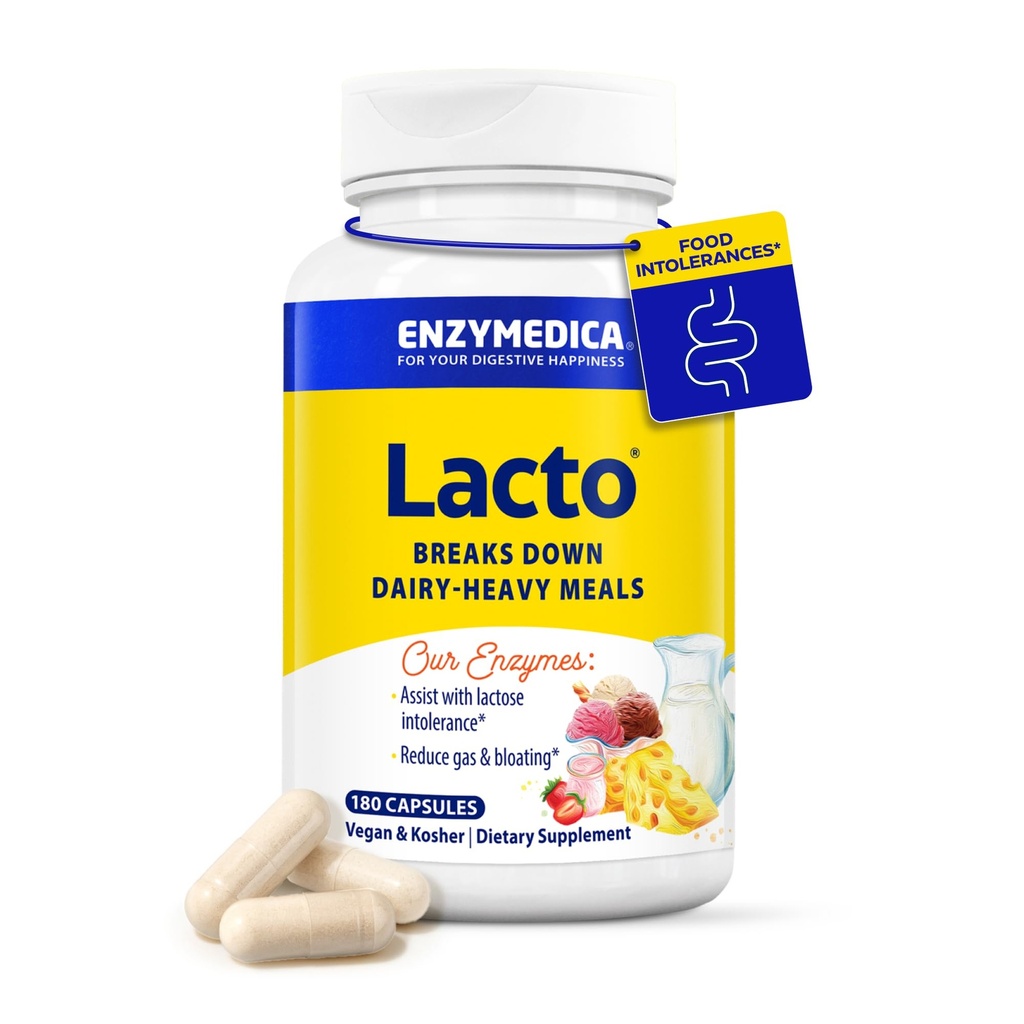 Enzymedica Lacto, Advanced Lactase Pills for Dairy Support, aiuta a rompere lattosio, Casein & Fat, Dairy Relief Pills, Vegan, 180 capsule
