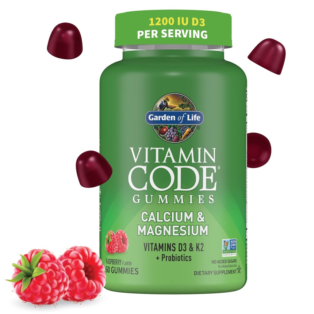 Giardino della vita Vitamina Code Calcium Magnesio Gummies con D3 & K2, Supporta Bone Salute & Bone Forza + Prebiotici & Probiotici per Supporto Digestivo, Non OGM, Senza Glutine, 60 Raspberry Gummies