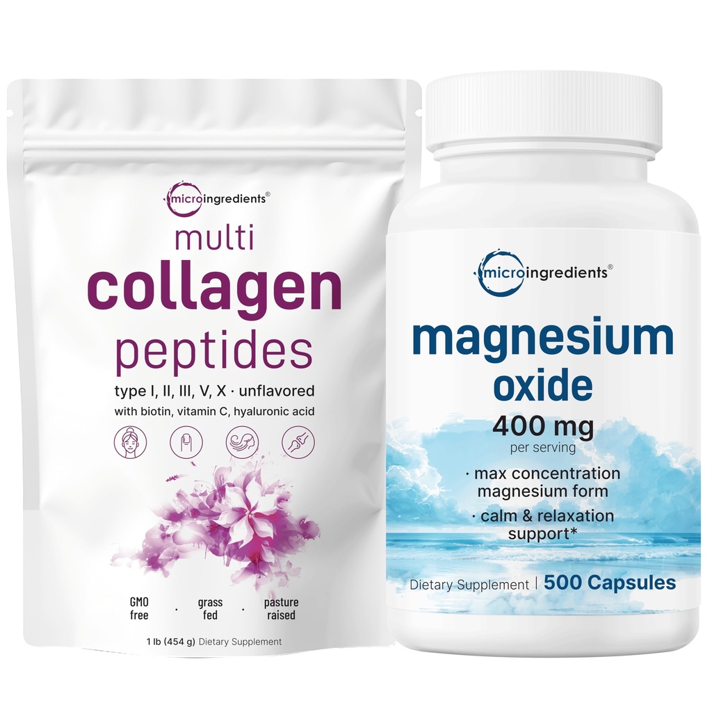 Micro Ingredienti Multi Collagen Protein Powder 16oz & Magnesium Oxide 400mg Bundle Pack | Peptidi di collagene a base di erba | Forma Elementale per concentrazione massima