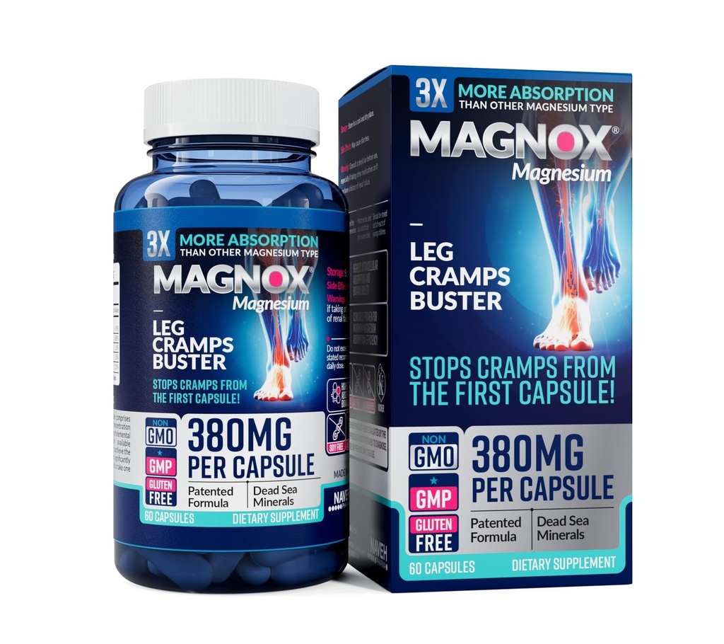 MAGNOX® Leg Cramps Buster | 380mg Magnesio per Gambe a notte | Magnesio Supplemento per Spasmi Muscoli | 3X Più assorbimento | Minerali Mar Morti | Sonno e Muscolo | 60 Caps