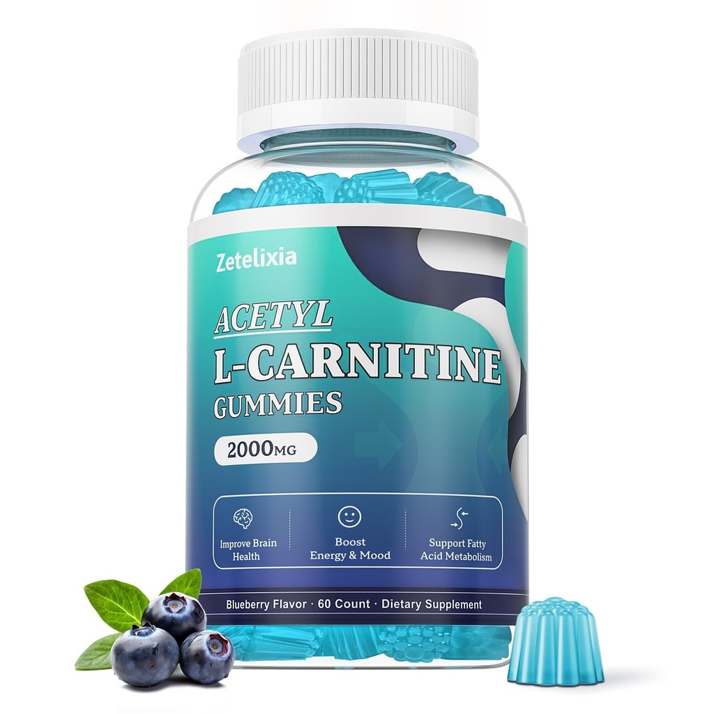 Zucchero senza acetil L-carnitina Gummies, L-Carnitina Supplemento per le donne e gli uomini, con vitamina C & B12, ALCAR per l'energia, il cervello e il supporto di salute del cuore, Vegan, non OGM, 60 Conte