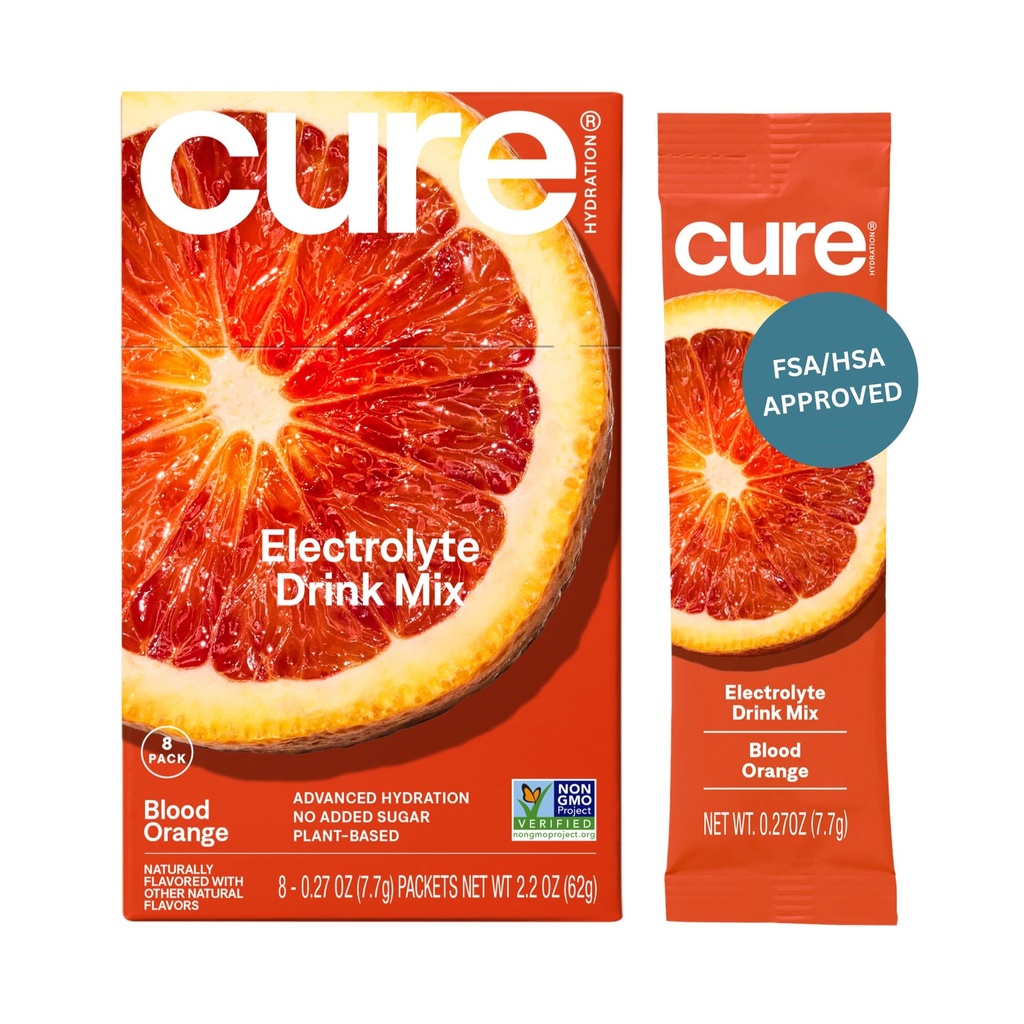 Cure Hydration | Miscela elettrolitica a base vegetale | No Aggiunto Zucchero | Polvere di rilievo di disidratazione fatta con acqua di cocco | Non OGM | Vegan | Box di 8 pacchetti - Arancione di sangue