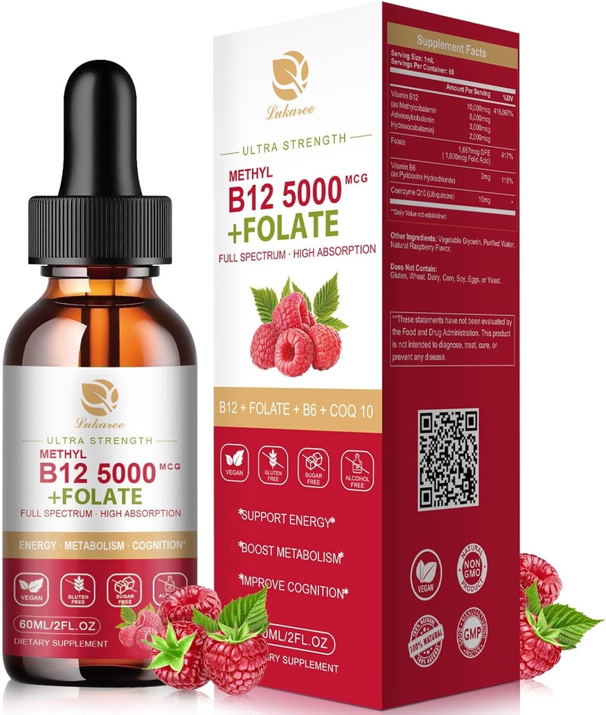 Lukaree Vitamina B12 Gocce sublinguali Vegan B12 Vitamine Liquid-Full Spectrum-Methylcobalamin, Adenosyl & Hydroxy B12, per energia, messa a fuoco, Mood & Immune Support- 2 mesi di alimentazione, 2 fl oz