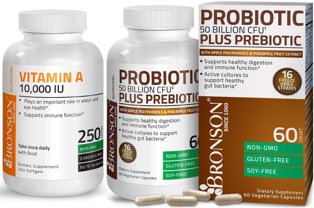 Bronson Probiotic 50 miliardi di CFU + Prebiotico con Apple Polyphenols & Anaapple Fruit Extract + Vitamina A 10.000 IU Premium Non OGM Formula