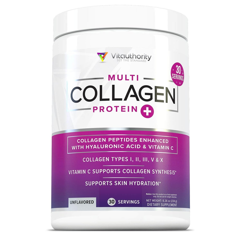 Peptidi multi collagene polvere per le donne - Polvere di collagene non aromatizzata idrolizzata per le donne con tipi I II III V & X più vitamina C & acido ialuronico per belle pelli e unghie dei capelli - 30 porzioni