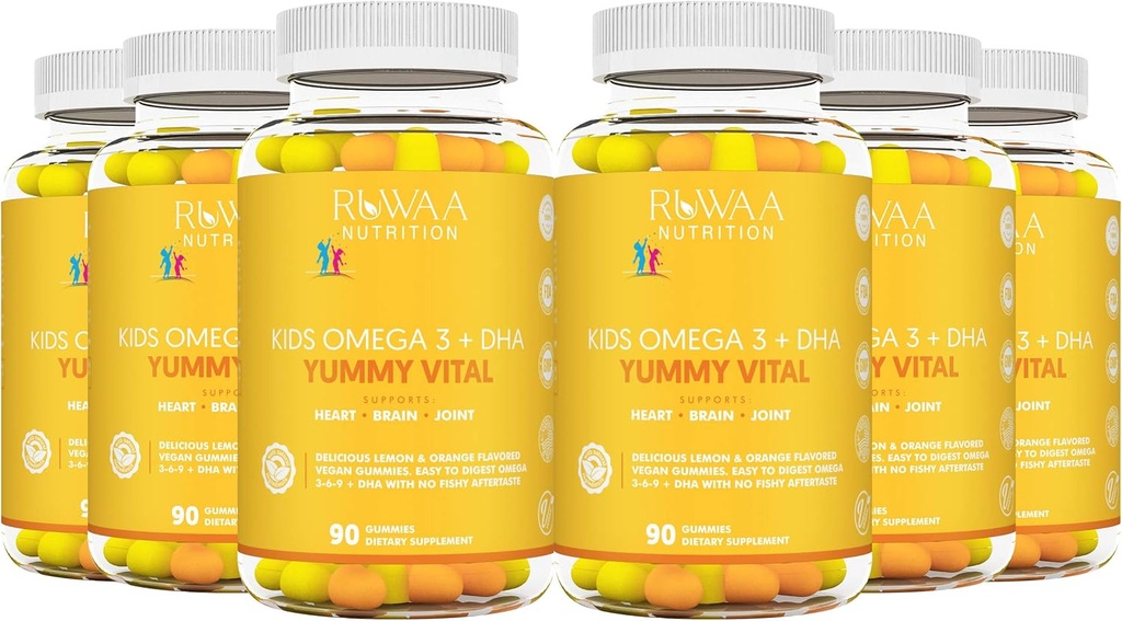 Bambini Omega 3 Gummies DHA EPA Omega 3 bambini supplemento. No Fish Oil After-Taste Vegan Omega 3 6 9 + DHA Gummies & Vitamin C. Salute cognitiva, messa a fuoco, visione. Bambini Omega 3 540ct (6)