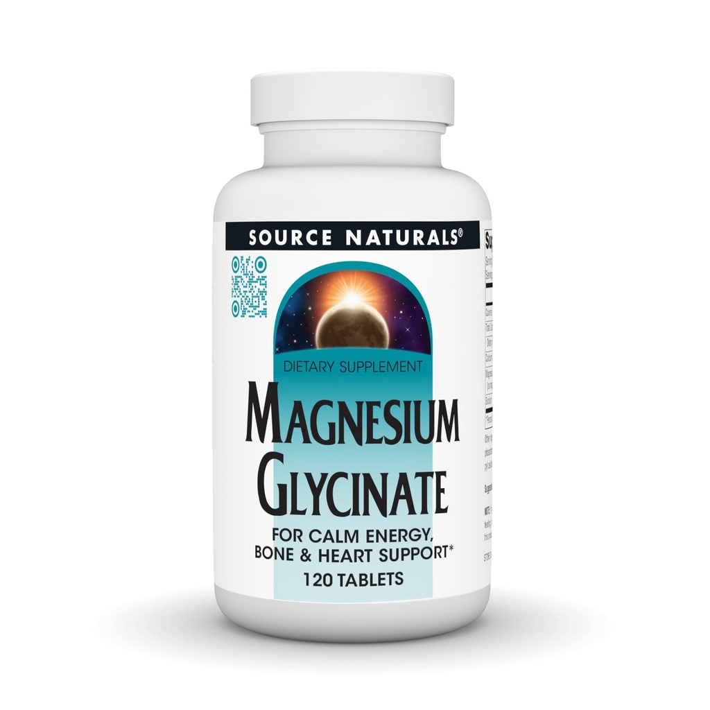 Fonte Naturals Magnesium Glycinate, Chelato per l'assorbimento elevato | per l'energia calma, Bone & Heart Support*, 200 mg per porzione - 120 compresse