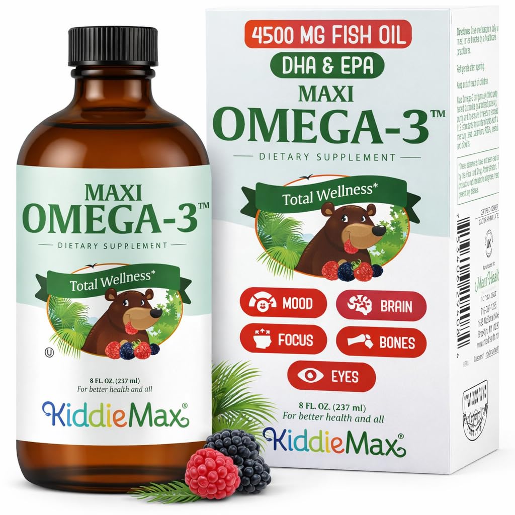 Maxi Salute Omega 3 per Bambini Supplemento – Kosher Omega 3 Kids Fish Oil Liquid con DHA & EPA – Liquid Fish Oil Supplemento con Fruttato Burst Sapore per sostenere Mood, Cervello, Focus, Bones & Eyes (8 oz)