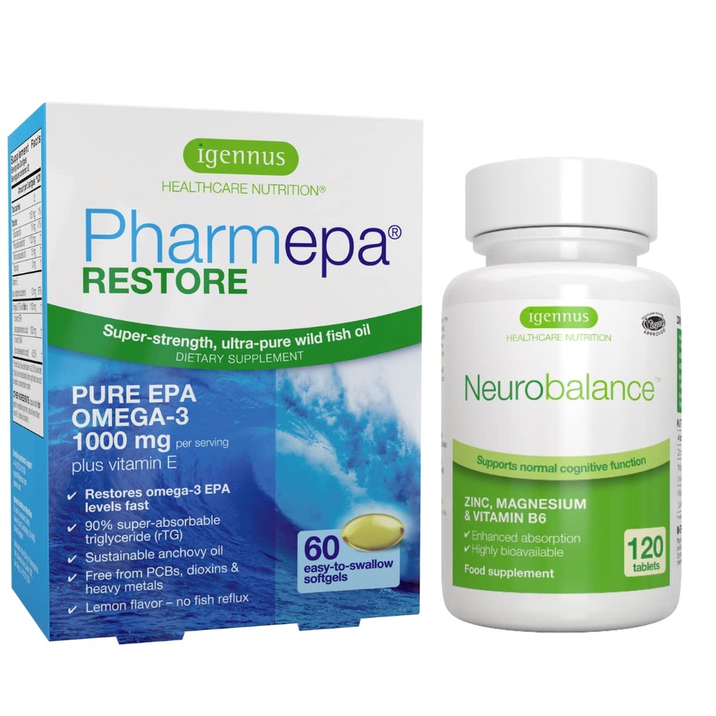 Igennus Pharmepa Ripristino EPA + Neurobalance Zinco, Magnesio & Vitamina B6 Benda per l'attenzione e messa a fuoco