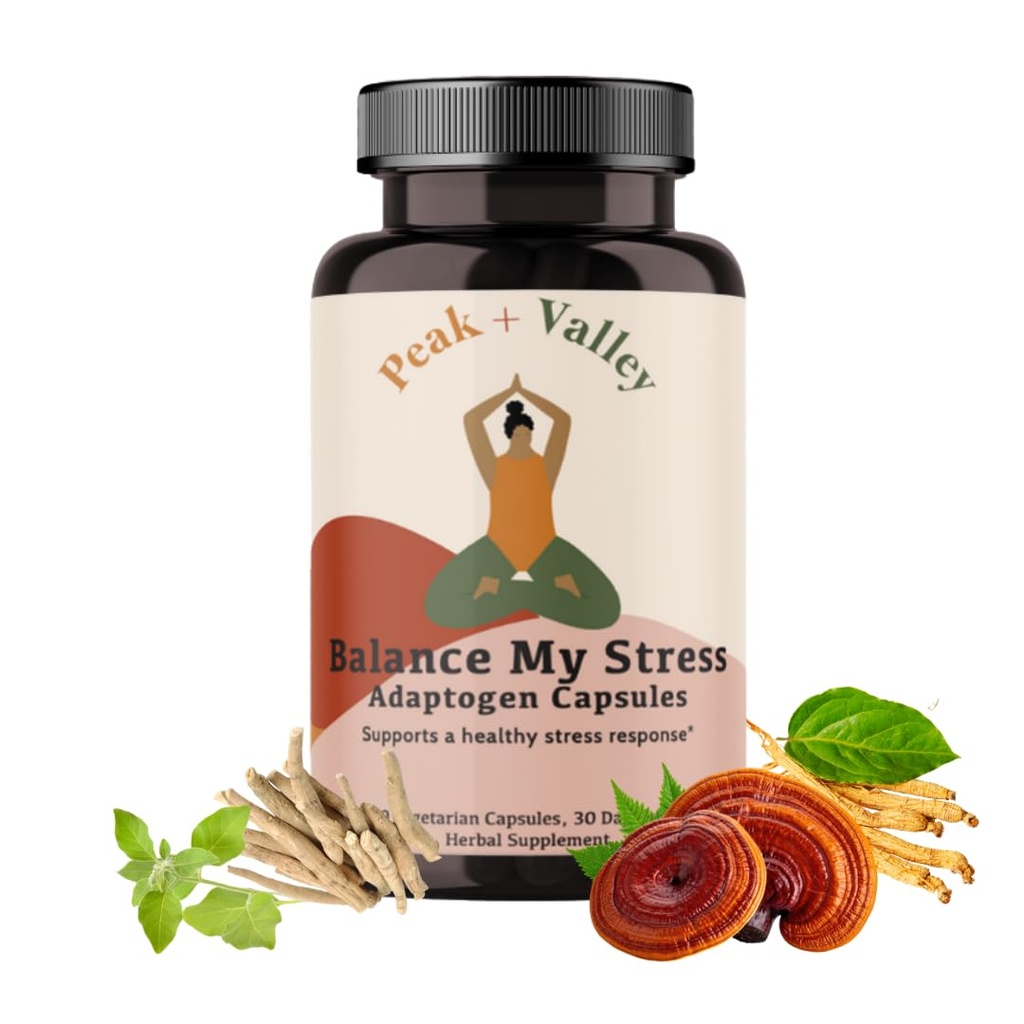 Peak + Valley Stress Relief Supplemento per Mood Support Balance My Stress Capsules - Contiene Adaptogens, Ashwagandha, Eleuthero Root, Reishi Mushroom Supplement - Natural Mood Stabilizer - 60 Ct