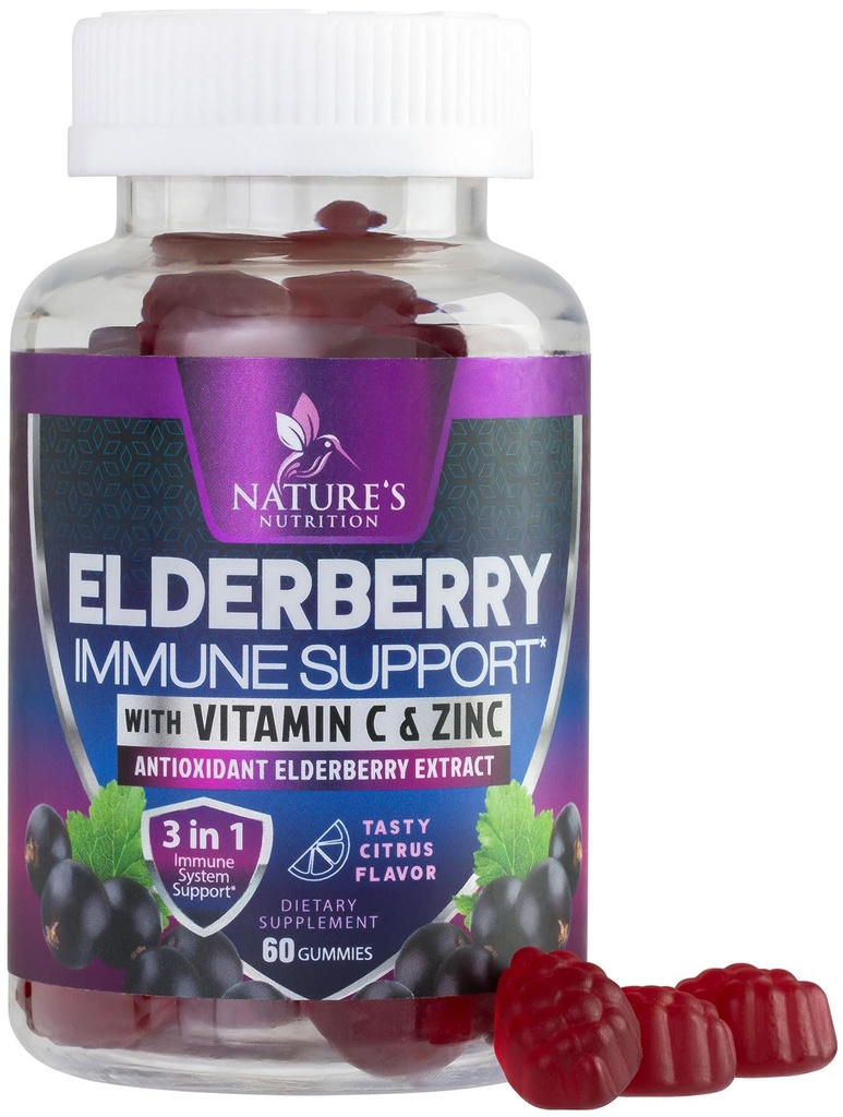 Gummie di supporto immunitario - Sambucus Elderberry Gummy con Estratto di bacche di anziani, Zinc & Vitamina C, Integratore di supporto Immune Vegano naturale per adulti e bambini, Vitamine di sambuco di sambuco - 60 Gummie