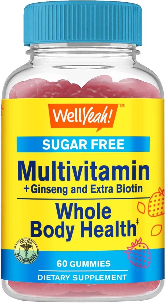 Gummie senza zucchero multivitaminico con Ginseng, Vitamina A, C, D3, E, B12, B6, B1, B2, B5, Niacin, Acido Folico, Biotina, Iodio, Zinco, Cromo, Molibdeno, Lycopene, Inositol - Vegan - 60 Gummies