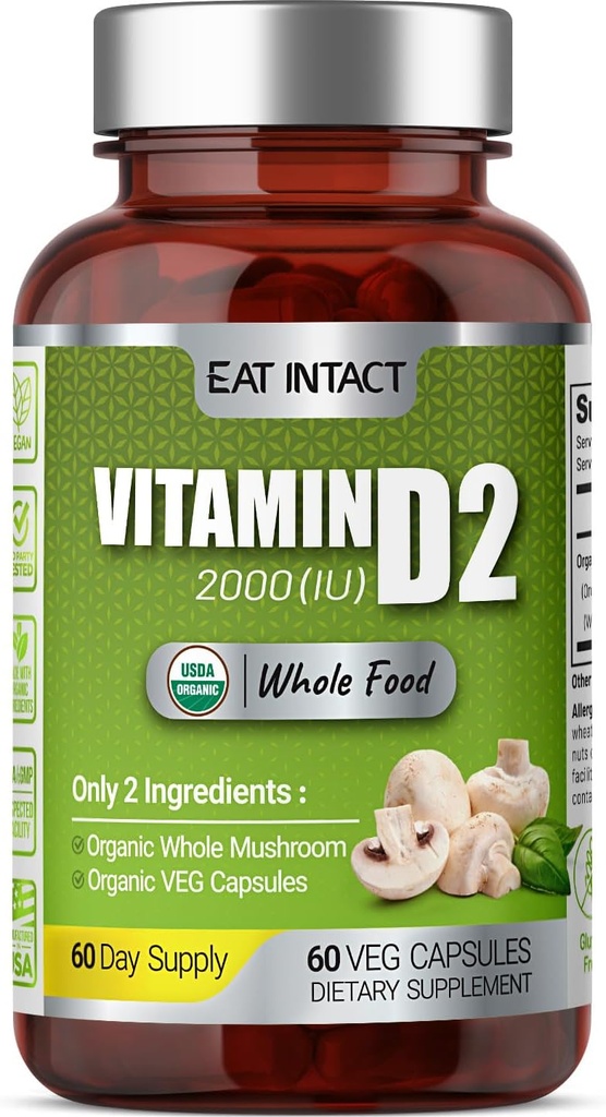 Vegan Intera Vitamina D, 2000 IU (50 mcg), D2, Due Ingredienti (Organico Intero Fungo e Organic Vegan Capsule), Non OGM, Terze Parti Testata, Alimentazione 60 giorni