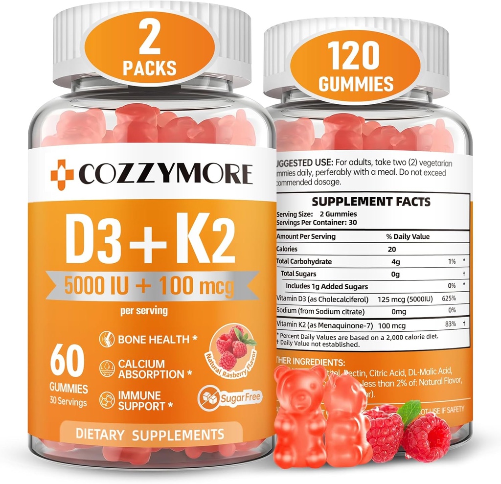Zucchero Vitamina D3 K2 Gummies, Vitamina D Gummies Supplemento, 10000 IU + 200mcg D3 e K2 Integratori, Tasty Gummy Vitamins, Supporto per denti muscolari Bones Immune, 60 Serve 120 Gummies, lampone