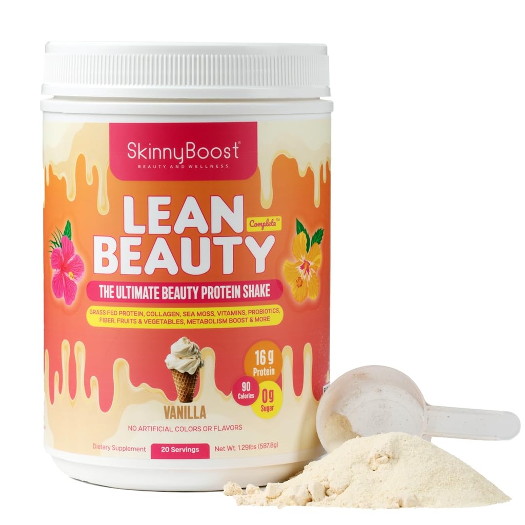 Lean Beauty Collagen Protein Shake – Vanilla | Meal Sostituzione Polvere con Grass-Fed Whey, Collage idrolizzato, Vitamine, Fibra e Nutrienti di Bellezza | Supporti Capelli, Pelle & Unghie | Senza Zucchero, All-Naturale, 20 Serve
