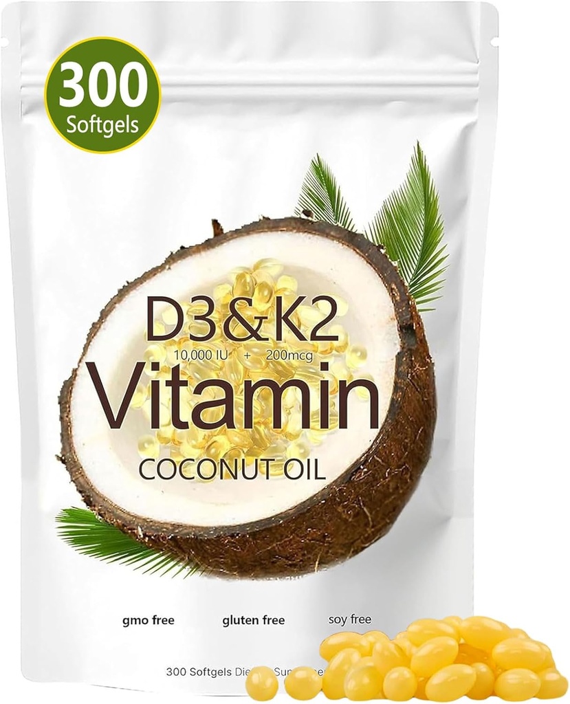 Vitamina D3 K2 Softgel, D3 K2 Vitamina 10000 IU, 10000 IU VIT D3 + 200 MCG Vitamin K2, Libero di OGM, Gluten, Soia, Bone Salute, Supporta l'assorbimento di calcio, 300 Gel