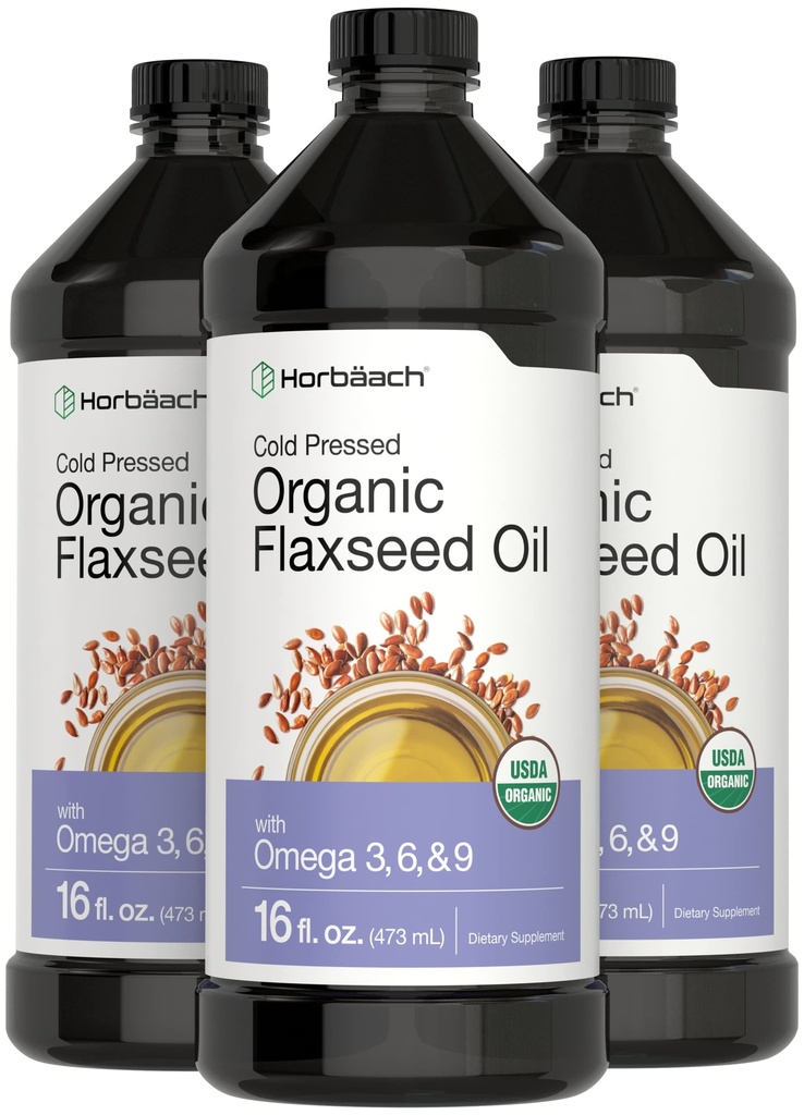 Horbäach Organic Flaxseed Oil | 3 Pack | 16 fl oz Ogni | Pressato a freddo | con Omega 3, 6, 9 | Vegetariano, Non OGM, Liquido senza glutine