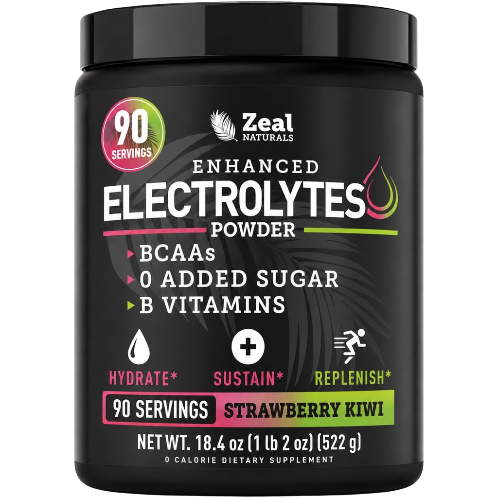 Zeal Naturals Electrolyte Powder Recovery Drink (90 Servings | Strawberry Kiwi) w 0 Sugar +BCAAs +B-Vitamins Electrolyte Supplement w Potassium Zinc & Magnesium per l'idratazione - Keto Electrolytes