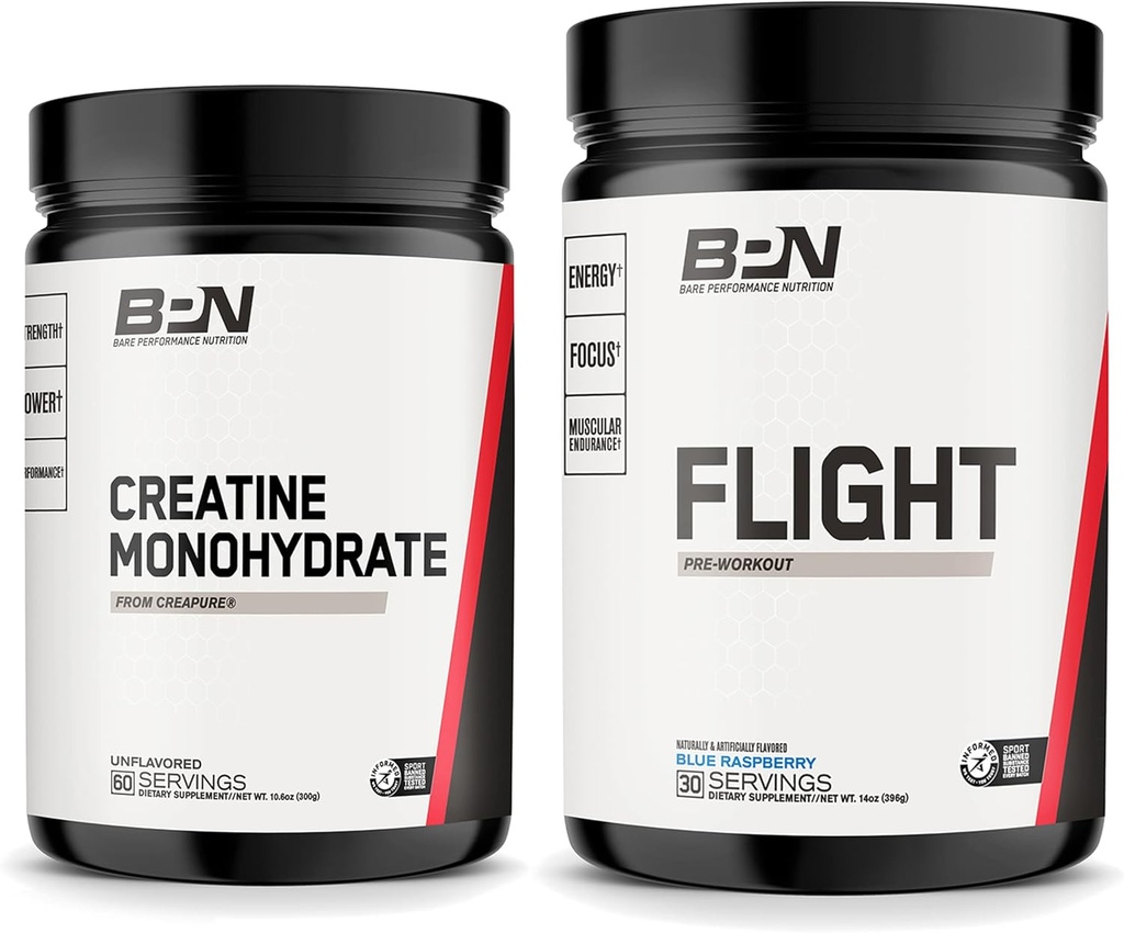 BARE PERFORMANCE NUTRITION BPN Creatina Monoidrato & Flight Pre Workout (Blue Raspberry) Bundle