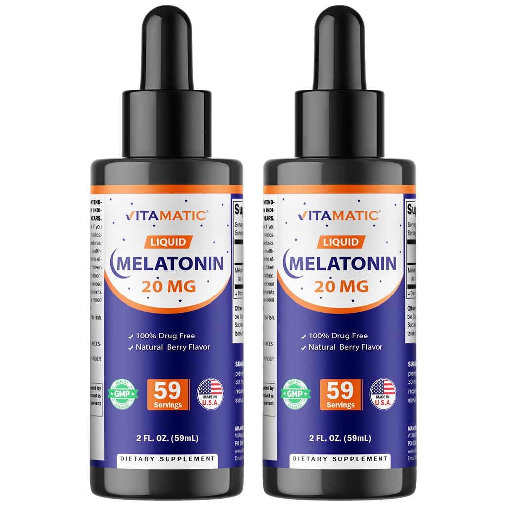 Vitamatic 2-Pack Melatonin 20mg Liquid Drops - 2 fl oz (59 ml) Ogni - Natural Berry Flavor - Non-GMO, Integratore Vegetariano per Adulti