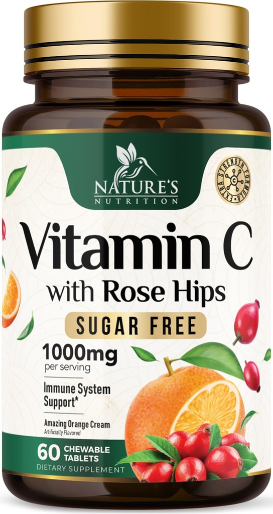 Vitamina C Chewable 1000mg - Antiossidanti ad alta resistenza per un potente supporto immunitario w/Vitamin C & Rose HIPS - Potente integratore alimentare VIT C Chews, Natural Orange Flavor, Vegan, Non OGM - 60 compresse