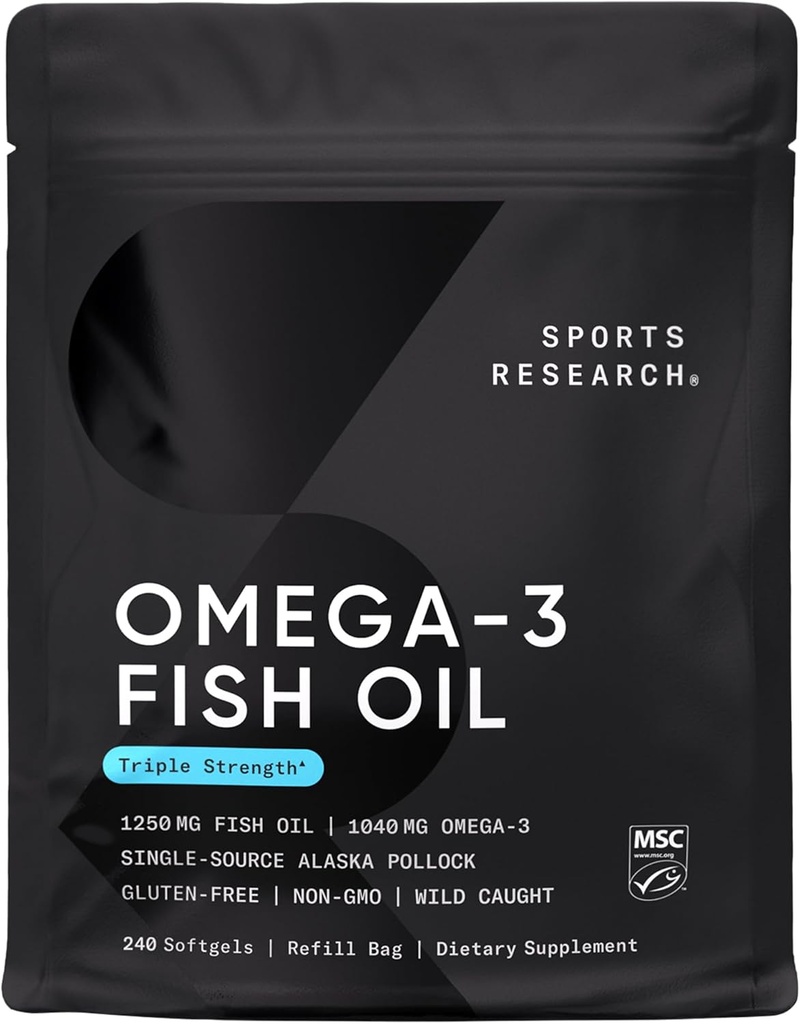 Ricerca sportiva Triple Strength Omega 3 Fish Oil - Burpless Fish Oil Supplement w/EPA & DHA acidi grassi da Wild Alaskan Pollock - Cuore, cervello e supporto immunitario per uomini e donne - 1250 mg, 240 ct