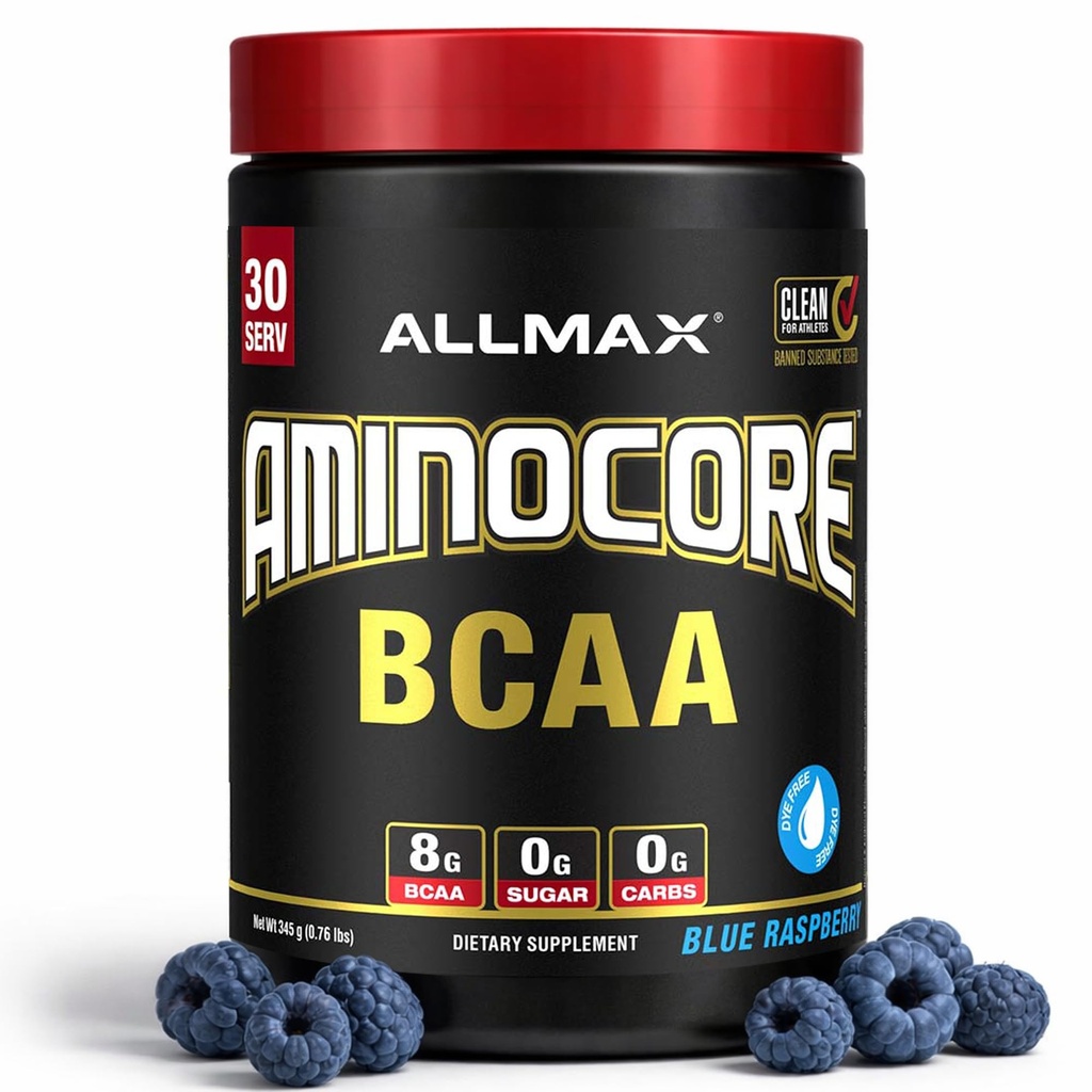 ALLMAX Nutrition AMINOCORE BCAA – 8G BCAAs – Aminoacidi a catena pura al 100% – Gluten Free - Blue Raspberry - 315 Gram