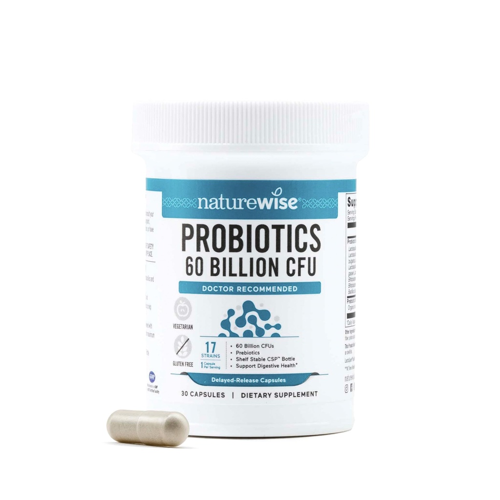 NatureWise Probiotics 60 miliardi di CFU - 17 Strains + Prebiotici Organici - Immune, Digestivo & Gut Health Support for Women & Men - Vegetariano, Senza Glutine, Non OGM - 30 capsule[1-Month Supply]