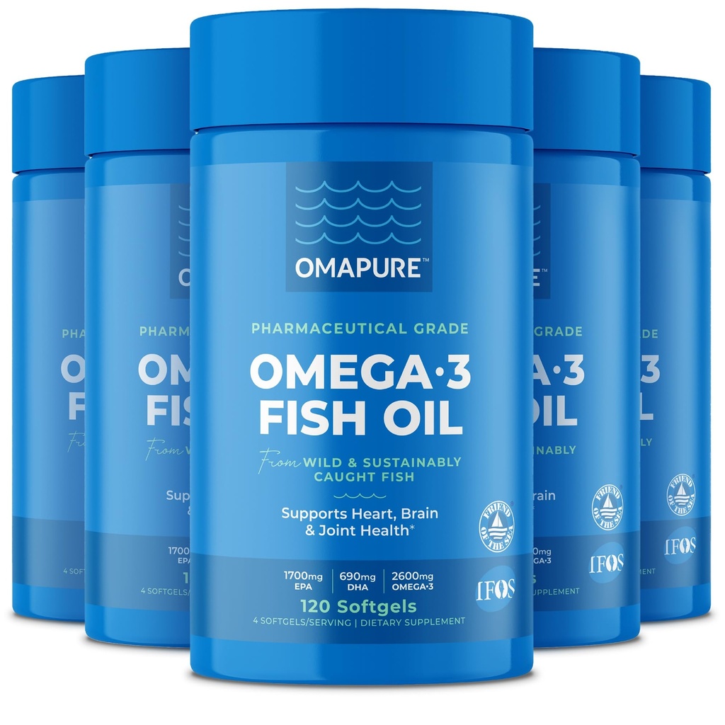 Integratori di olio di pesce con omega 3 acidi grassi (5 bottiglia, 120 softgels) - EPA alta, DHA, & IFOS Pillole di olio di pesce sostegno cuore e salute comune - Burpless Fish Oil promuove la funzione del cervello