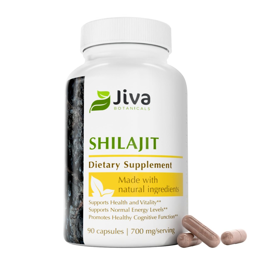 Jiva Botanicals Shilajit Capsule 700 mg – Estratto di Shilajit con acido Fulvic – Integratore Shilajit per Uomini & Donne – 90 capsule vegane per il benessere quotidiano - 90 Conte (Pack of 1)
