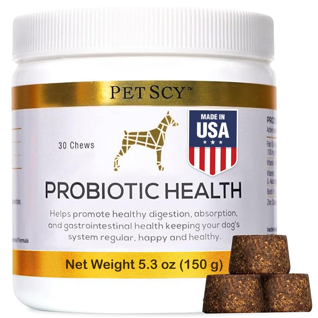 PetScy - Probiotici Chews for Dogs, Probiotico per Cani di tutte le età, Dimensioni e razze con fibra prebiotica e Pure Omega-3 | Migliora la pelle, Cappotto e Salute Gut, 30 Chews