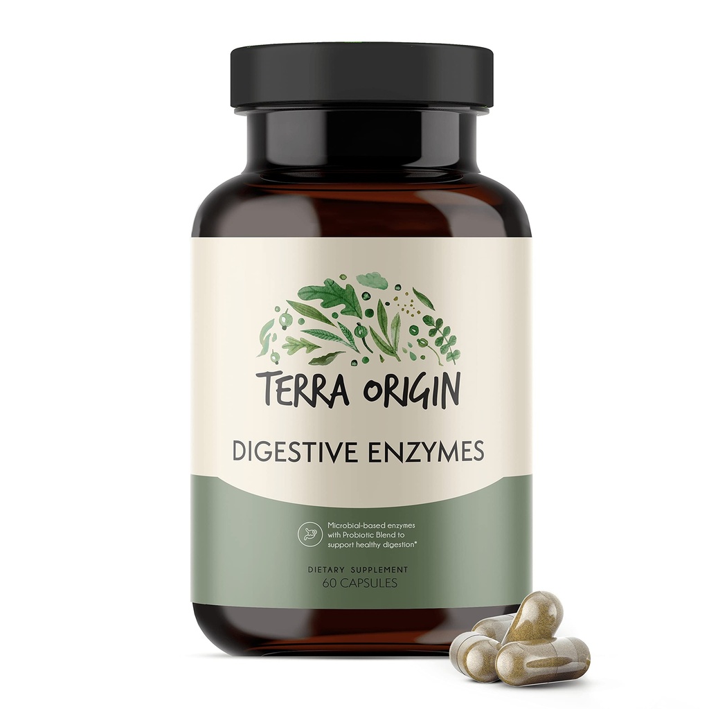 TERRA ORIGIN Enzimi digestivi con probiotici e prebiotici | 60 capsule | Supporta la salute del fegato digestivo | Non OGM, senza glutine, Vegan | per le donne e gli uomini