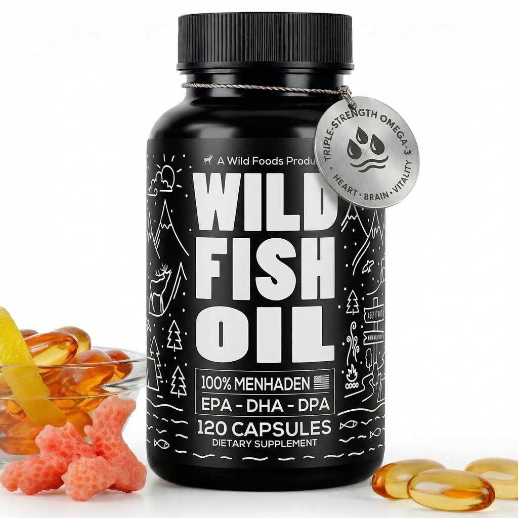 Wild Foods Omega 3 Fish Oil Supplement, 120 capsule (1 pk) | Wild Caught, Burpless, Odorless, Non-GMO, Gluten Free | DPA, DHA, EPA Triple Strength Heart & Joint Nutrition for Women & Men