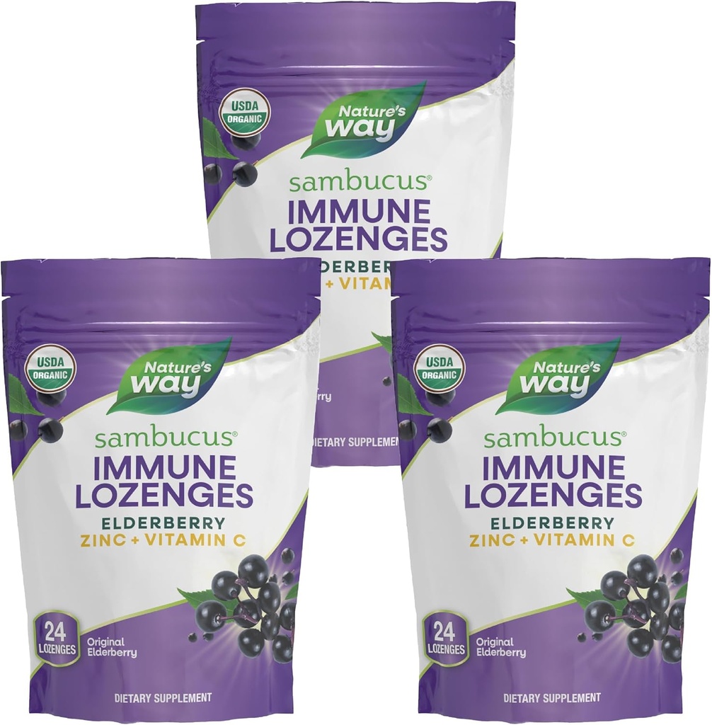 Senso di natura Sambucus Immune Lozenges, Zinc + Vitamina C, Black Elderberry Extract, USDA Certified Organic, Original Berry Flavored, 24 Lozenges (Packaging May Vary) - 3 Pack